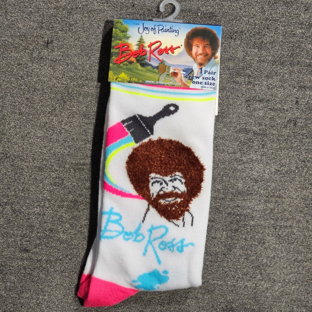 Bob Ross The Joy of Painting Crew Socks White Graphic Art Novelty One Size NEW